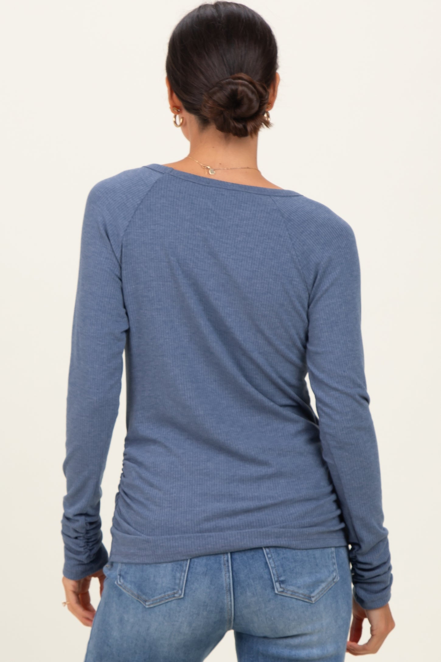 Blue Solid Ribbed Ruched Long Sleeve Top