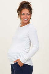 Ivory Solid Ribbed Ruched Long Sleeve Maternity Top