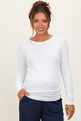Ivory Solid Ribbed Ruched Long Sleeve Maternity Top