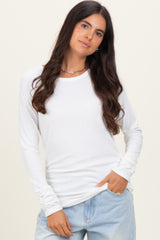 Ivory Solid Ribbed Ruched Long Sleeve Maternity Top