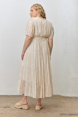 Cream Split Neckline Tiered Plus Midi Dress