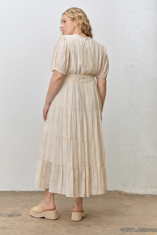 Cream Split Neckline Tiered Plus Midi Dress