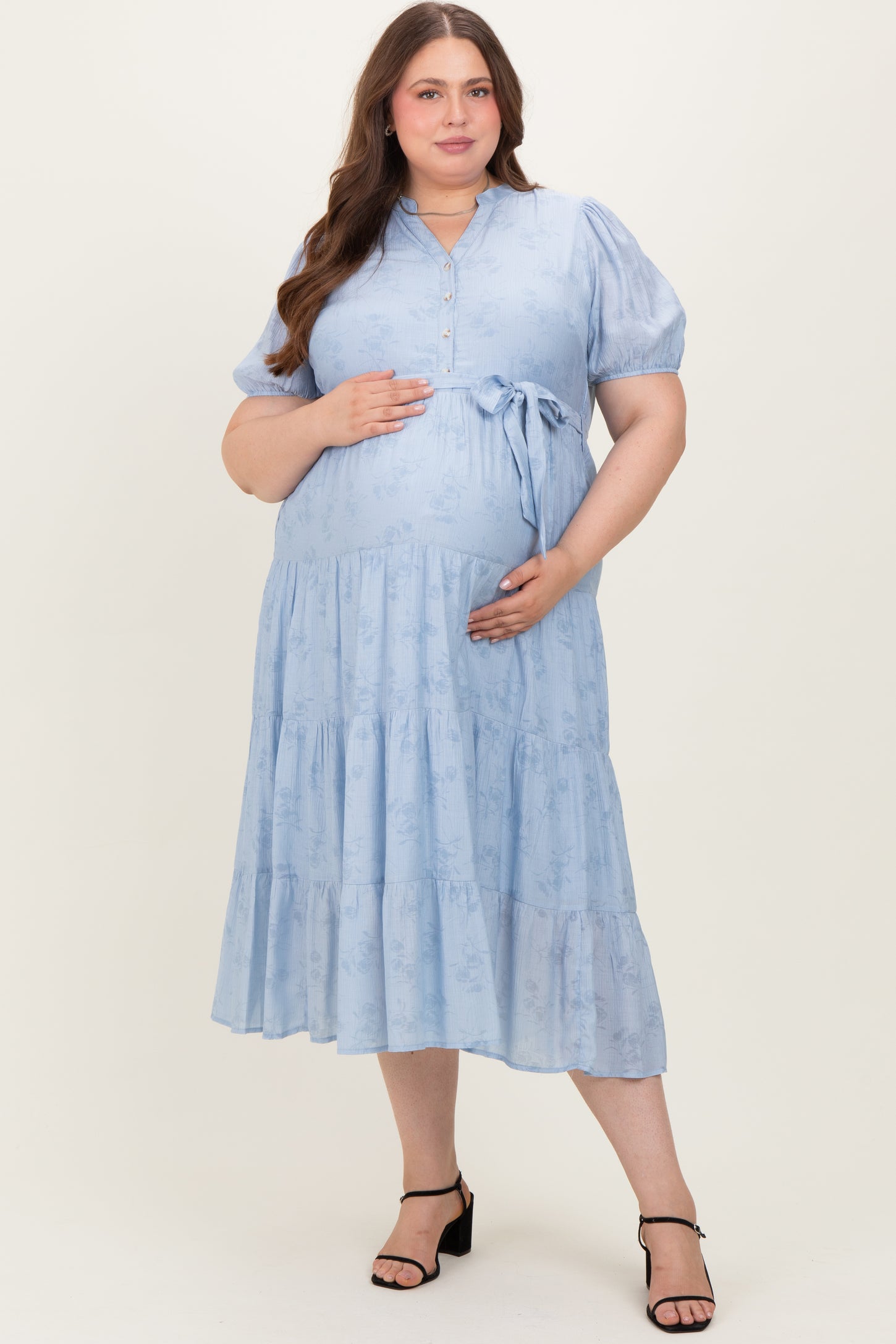 Light Blue Split Neckline Tiered Maternity Plus Midi Dress