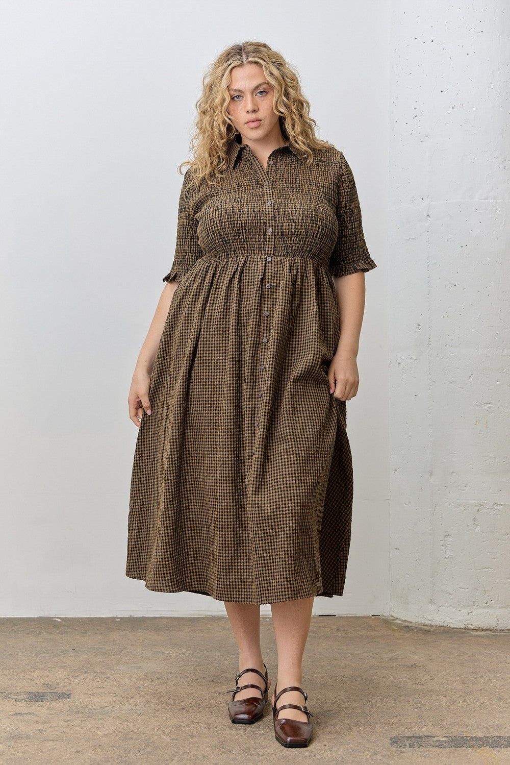Brown Gingham Smocked Button Down Plus Midi Dress