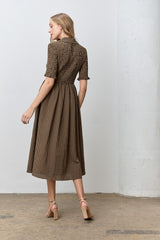 Brown Gingham Smocked Button Down Midi Dress