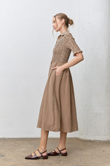 Mocha Gingham Smocked Button Down Midi Dress