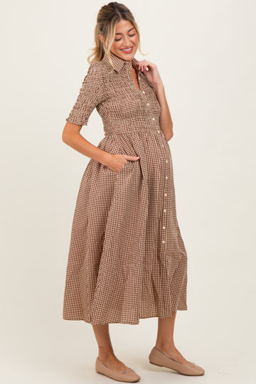 Mocha Gingham Smocked Button Down Maternity Midi Dress