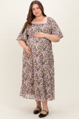 Taupe Floral Square Neck Short Puff Sleeve Maternity Plus Midi Dress