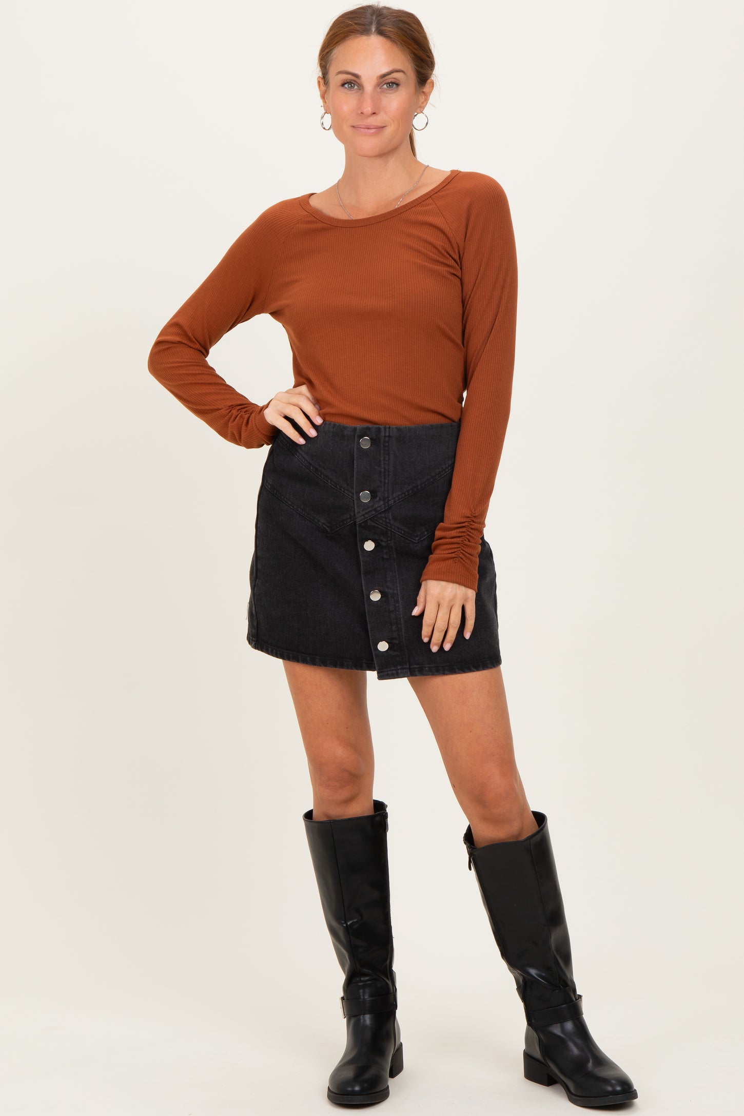 Rust Solid Ribbed Ruched Long Sleeve Top