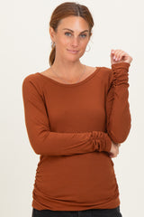 Rust Solid Ribbed Ruched Long Sleeve Maternity Top