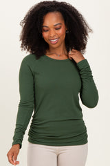Olive Solid Ribbed Ruched Long Sleeve Maternity Top