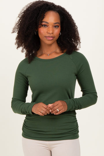 Olive Solid Ribbed Ruched Long Sleeve Top