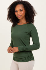 Olive Solid Ribbed Ruched Long Sleeve Top