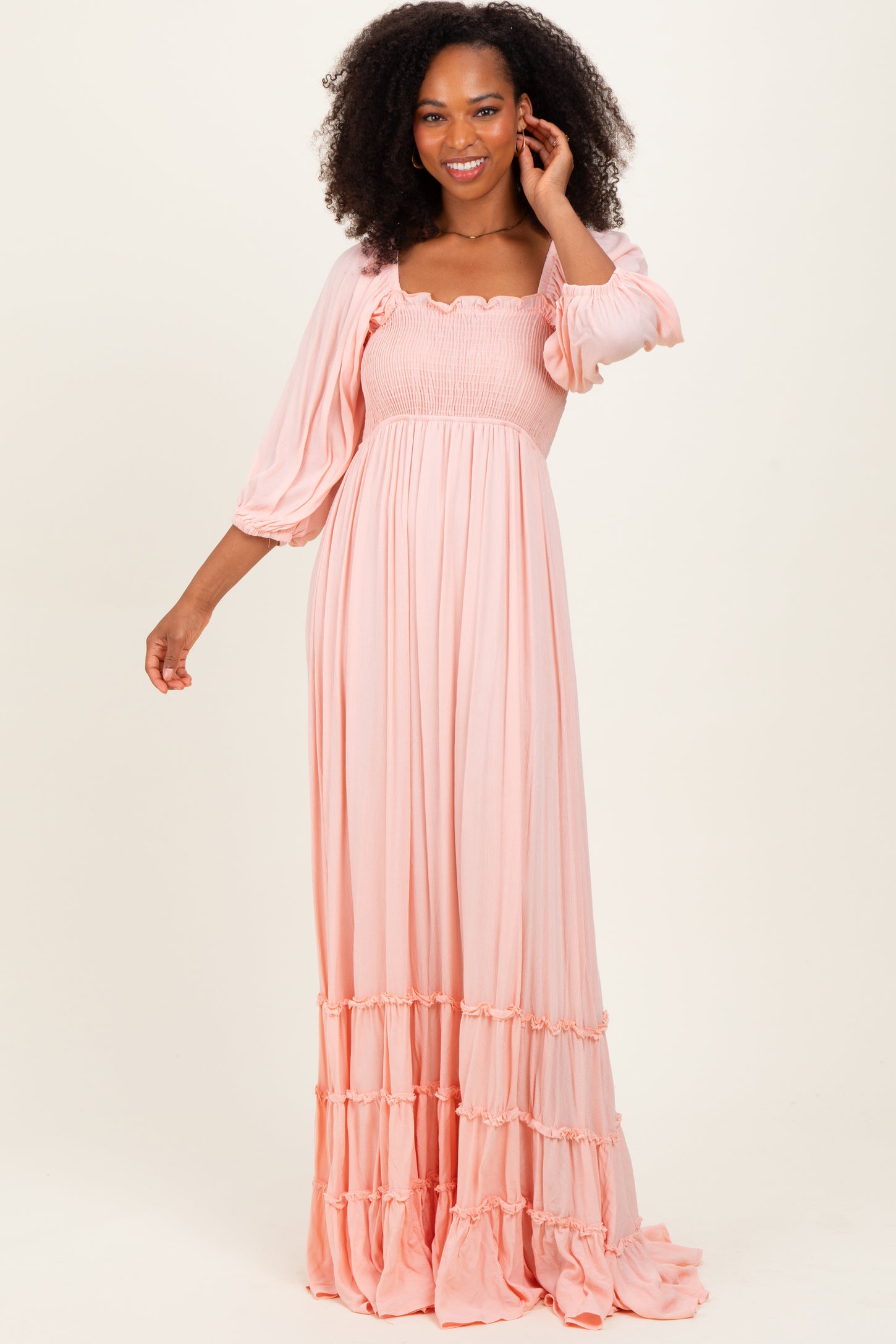 Light Pink Solid 3/4 Sleeve Smocked Top Tiered Maxi Dress