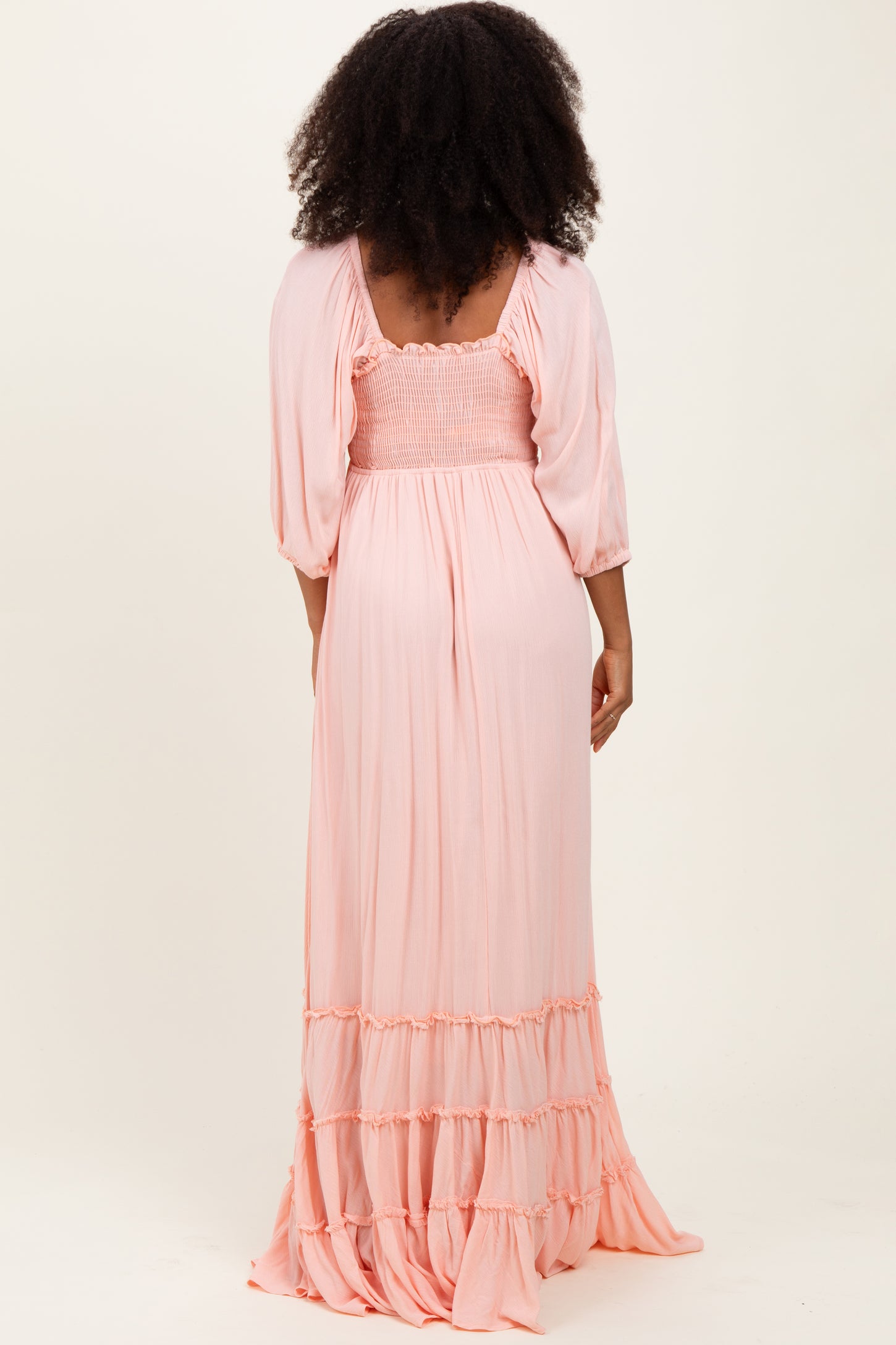 Light Pink Solid 3/4 Sleeve Smocked Top Tiered Maxi Dress