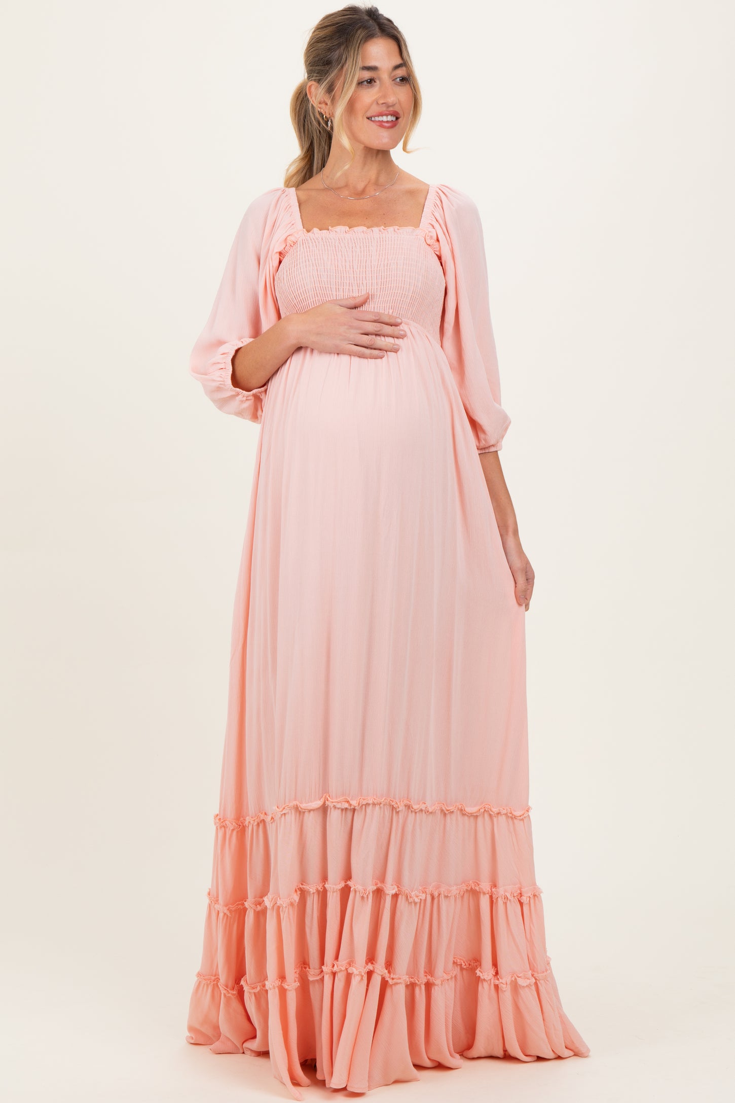 Light Pink Solid 3/4 Sleeve Smocked Top Tiered Maternity Maxi Dress