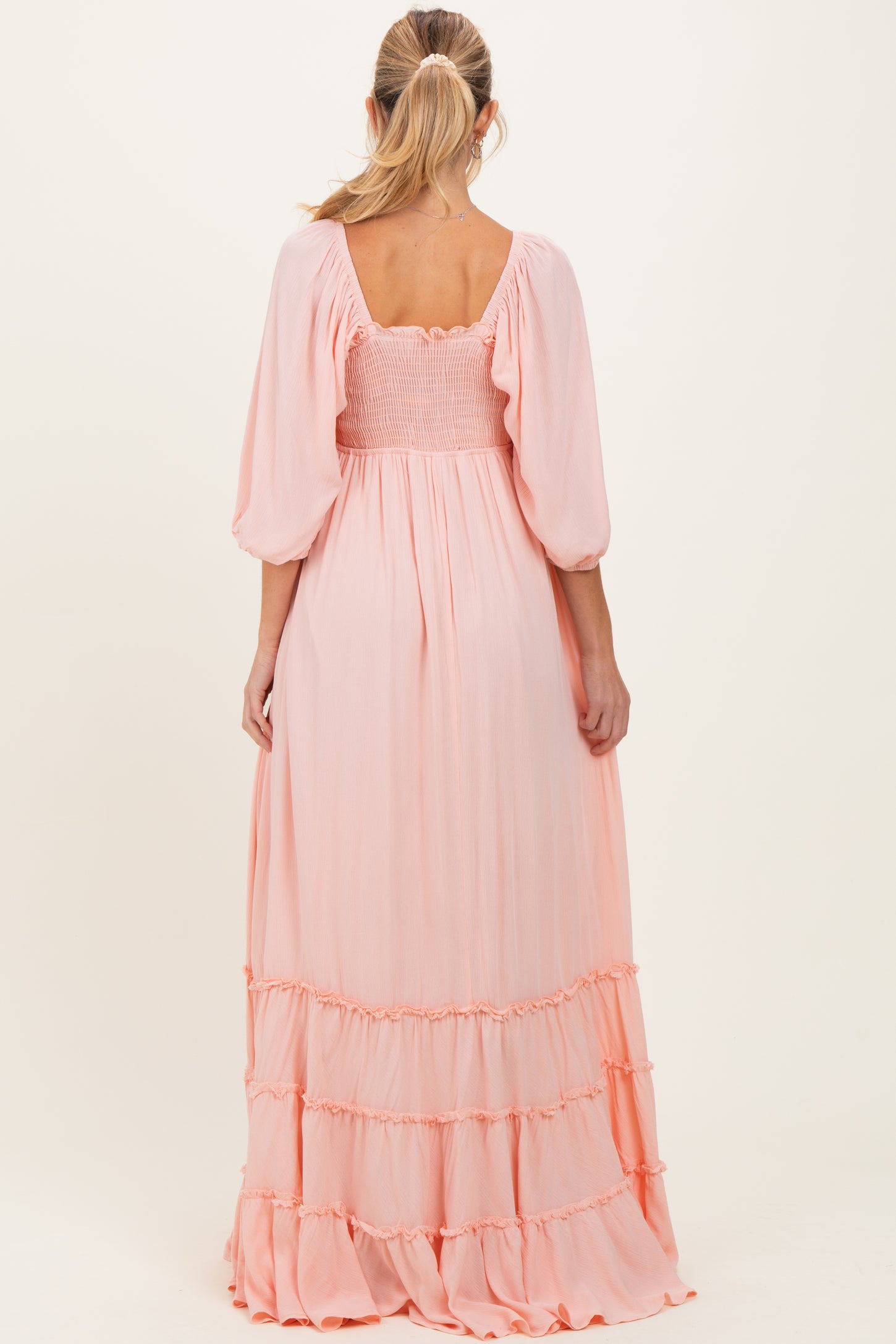 Light Pink Solid 3/4 Sleeve Smocked Top Tiered Maternity Maxi Dress