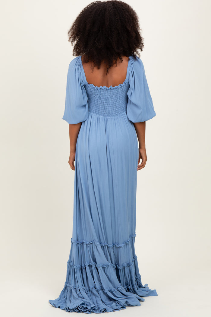 Blue Solid 3/4 Sleeve Smocked Top Tiered Maxi Dress