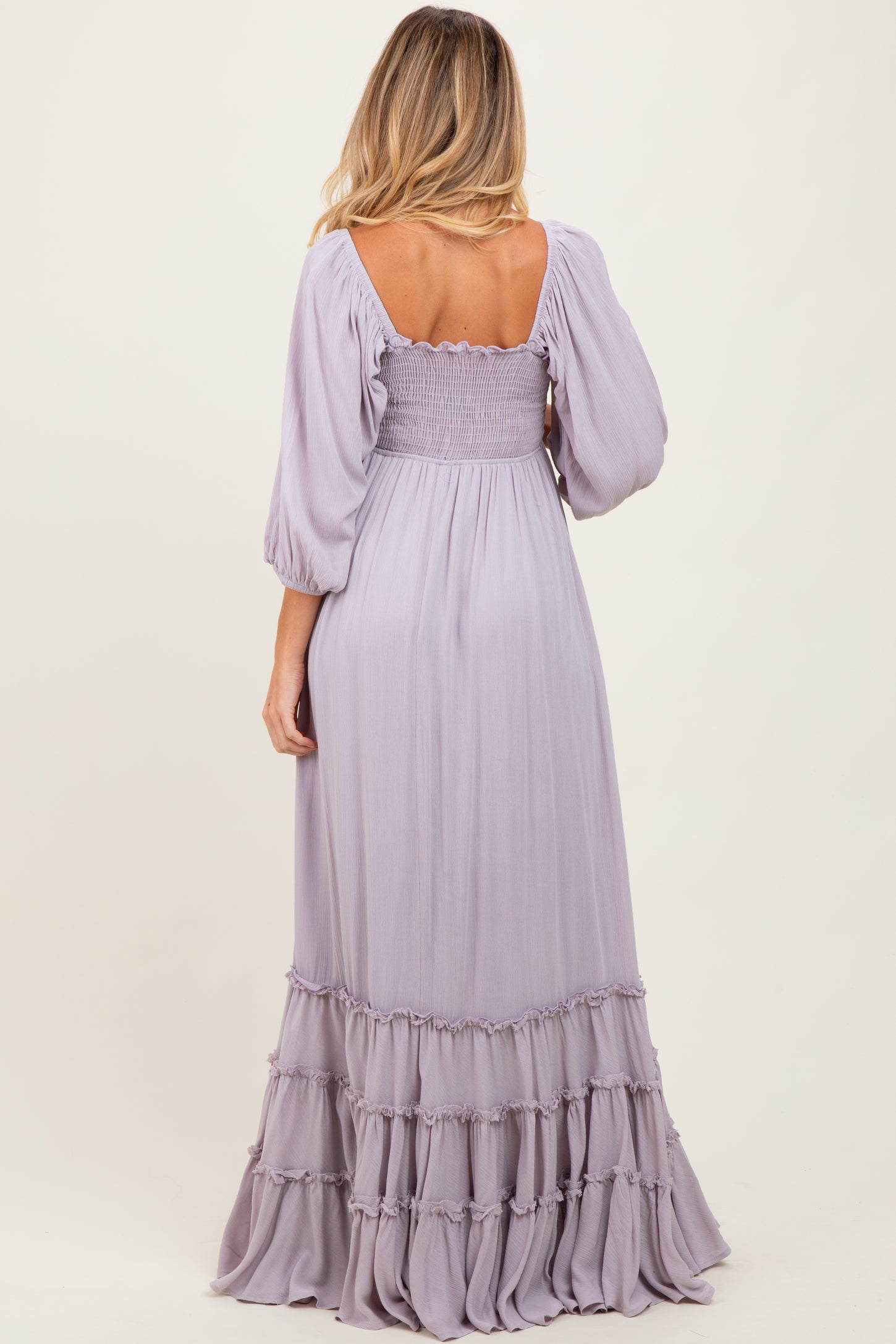 Lavender Solid 3/4 Sleeve Smocked Top Tiered Maternity Maxi Dress