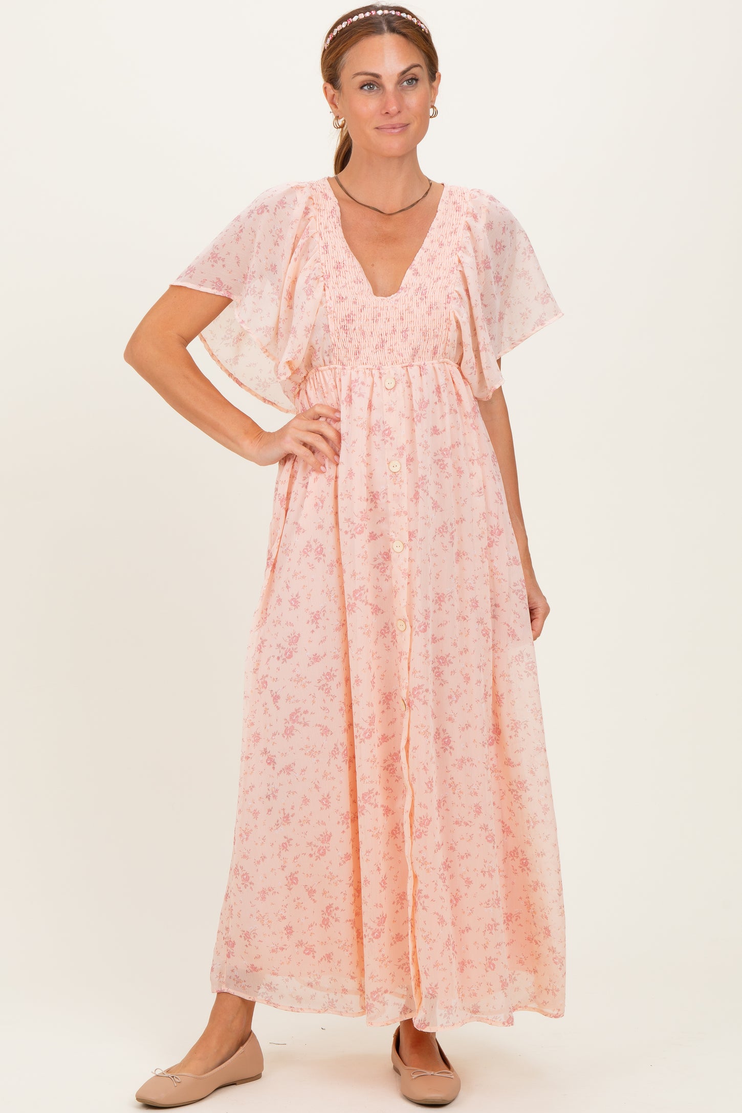 Light Pink Floral Chiffon Short Sleeve V-Neck Smocked Top Maxi Dress