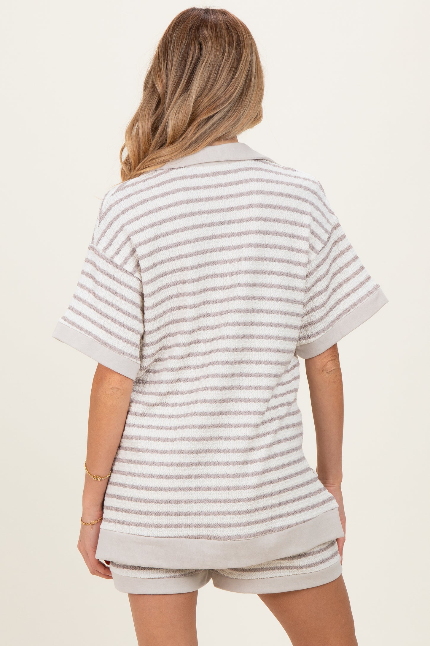 Cream/Beige Stripe Short Sleeve Maternity Short Set