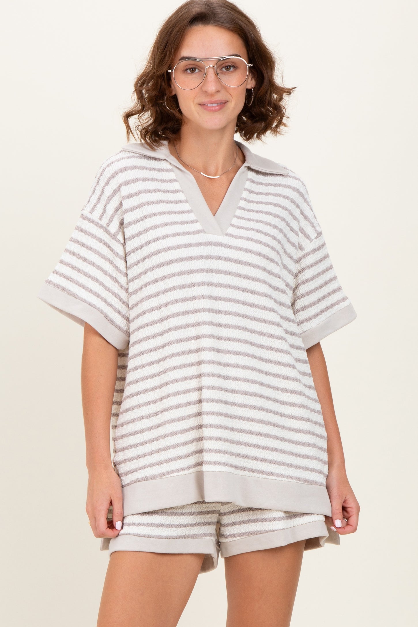 Cream/Beige Stripe Short Sleeve Short Set