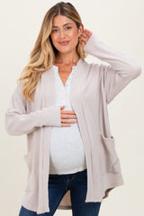 Beige Solid Ribbed Long Sleeve Open Front Pocket Maternity Cardigan