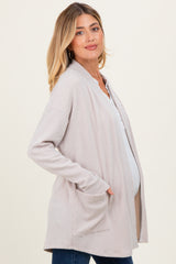 Beige Solid Ribbed Long Sleeve Open Front Pocket Maternity Cardigan