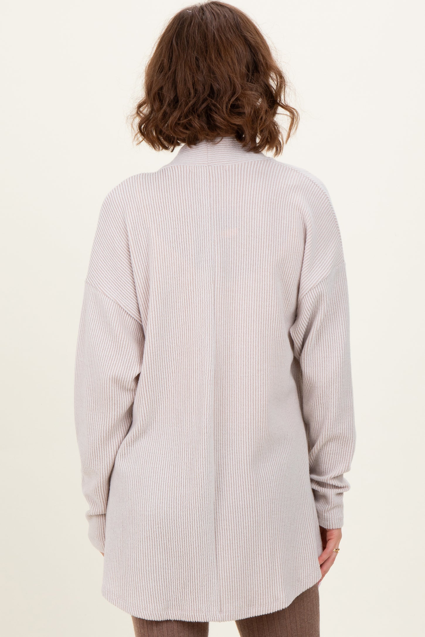 Beige Solid Ribbed Long Sleeve Open Front Pocket Cardigan