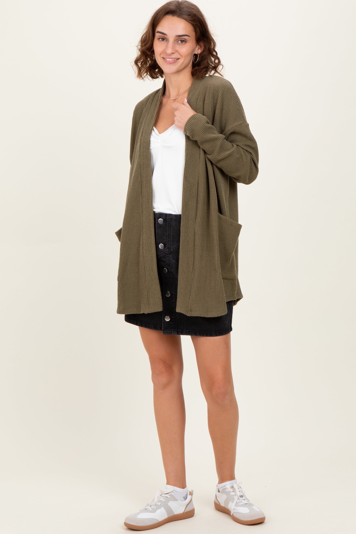 Olive Solid Ribbed Long Sleeve Open Front Pocket Cardigan
