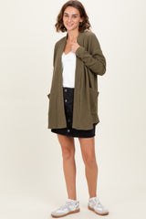 Olive Solid Ribbed Long Sleeve Open Front Pocket Cardigan