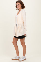 Cream Solid Ribbed Long Sleeve Open Front Pocket Cardigan