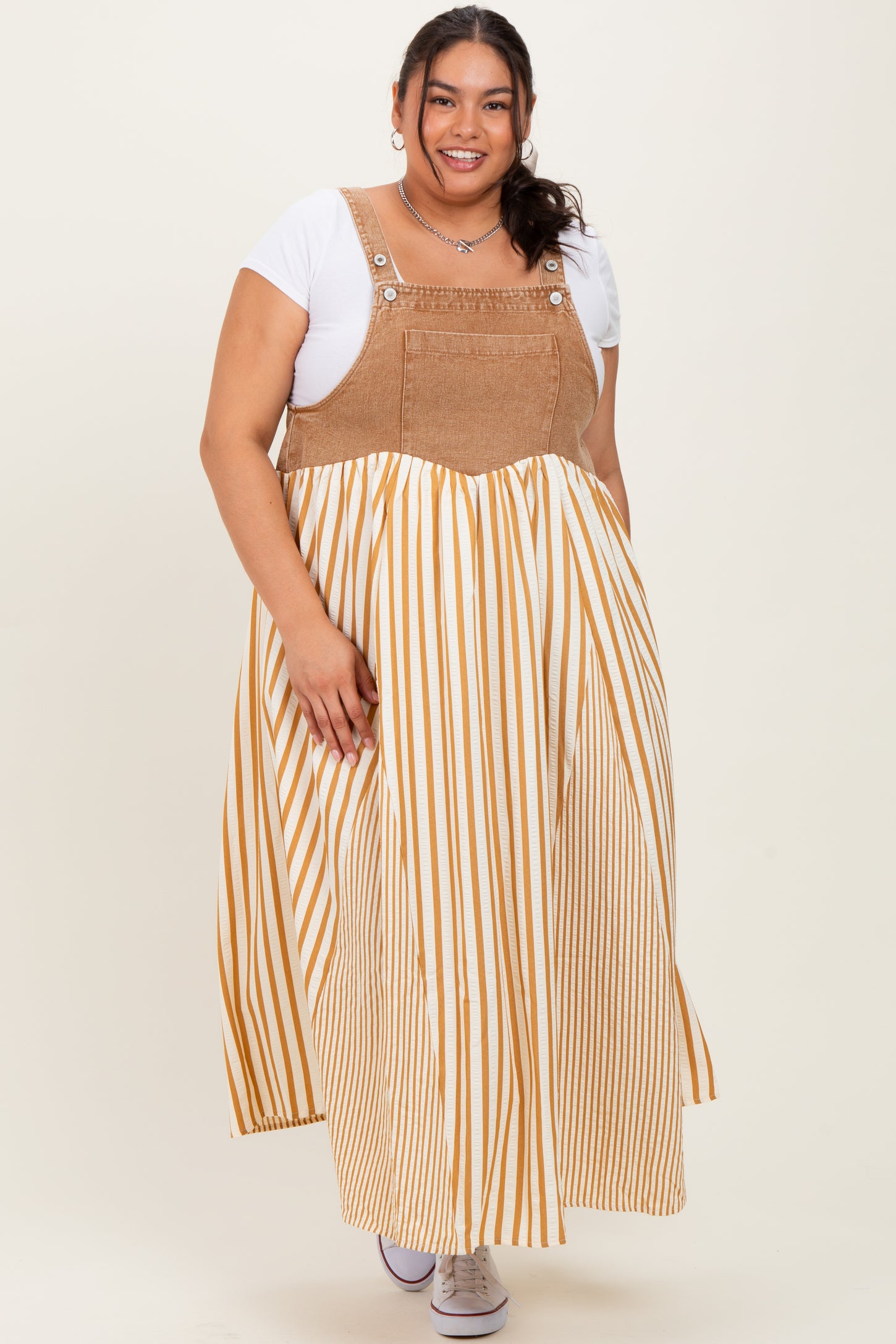 Camel Striped Colorblock Denim Contrast Plus Maxi Dress