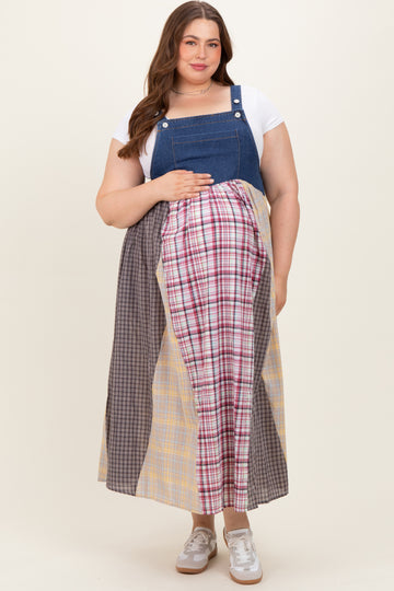Multicolor Plaid Colorblock Denim Maternity Plus Overall Dress