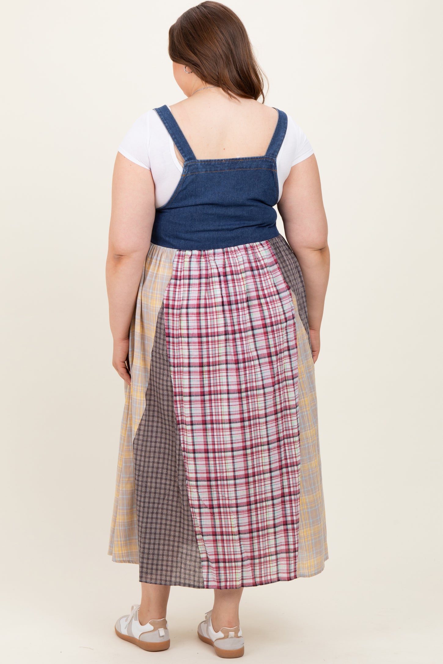 Multicolor Plaid Colorblock Denim Maternity Plus Overall Dress