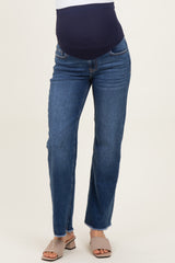 Navy Blue Fringe Hem Wide Leg Maternity Jeans