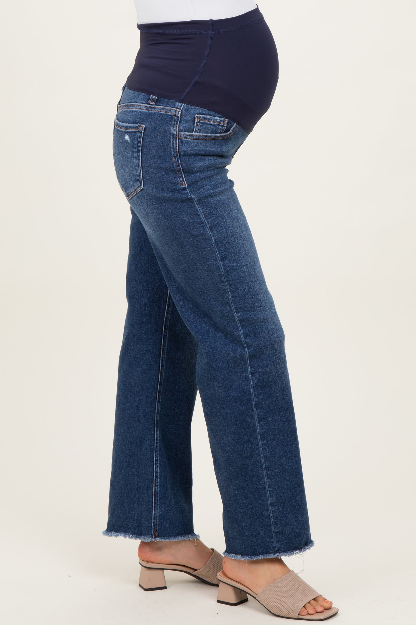 Navy Blue Fringe Hem Wide Leg Maternity Jeans