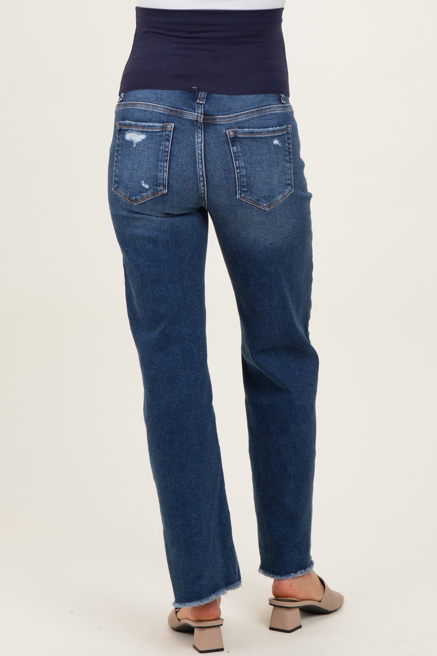 Navy Blue Fringe Hem Wide Leg Maternity Jeans