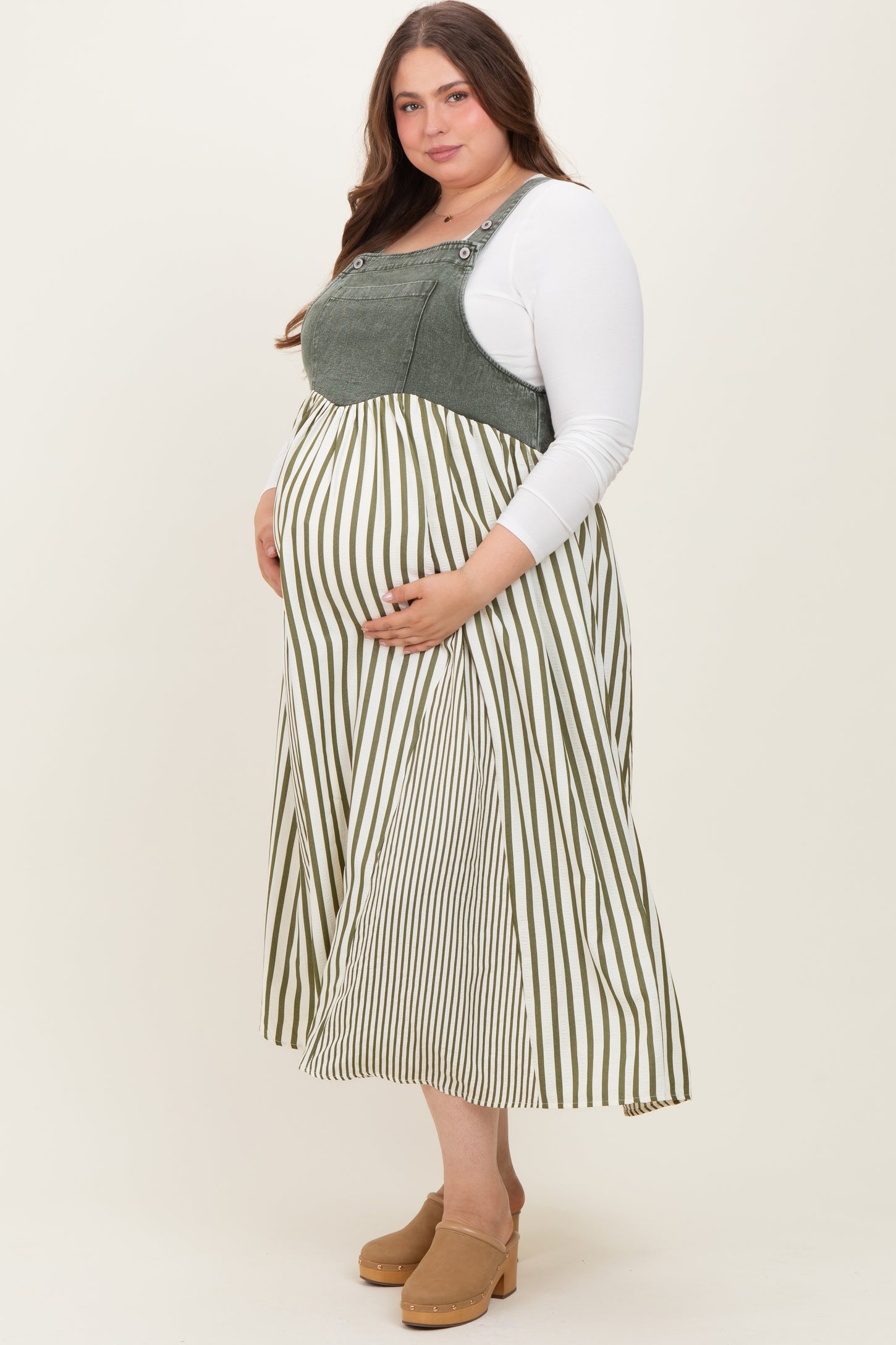 Olive Striped Colorblock Denim Contrast Maternity Plus Maxi Dress