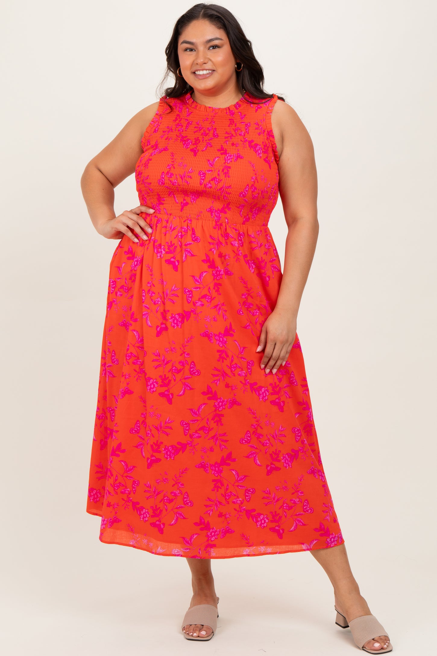Orange Floral Smocked Sleeveless Maternity Midi Dress
