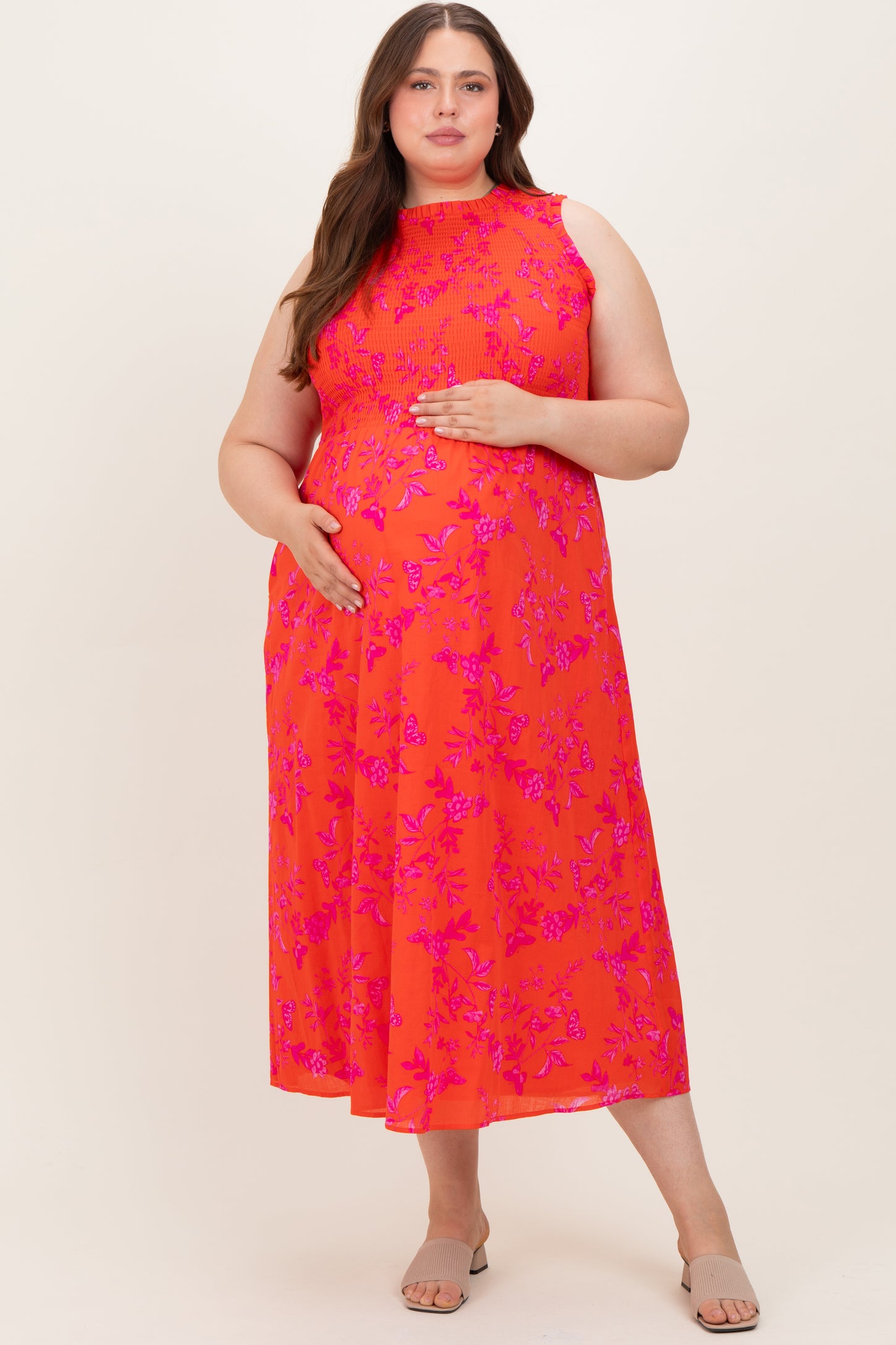 Orange Floral Smocked Sleeveless Maternity Midi Dress