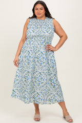 Blue Floral Smocked Sleeveless Maternity Plus Midi Dress