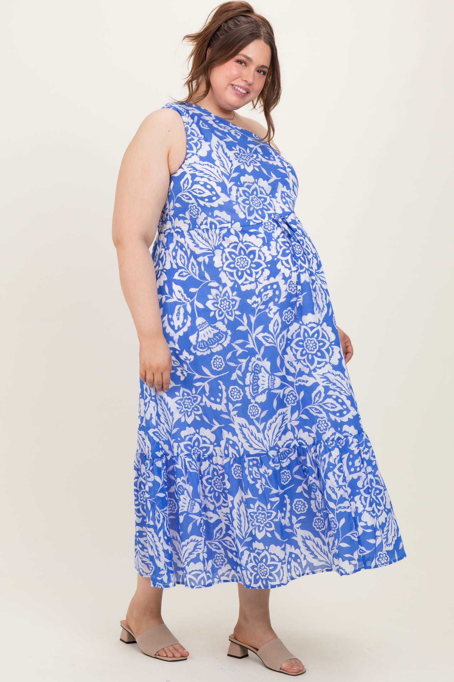 Royal Blue Floral One Shoulder Maternity Plus Maxi Dress