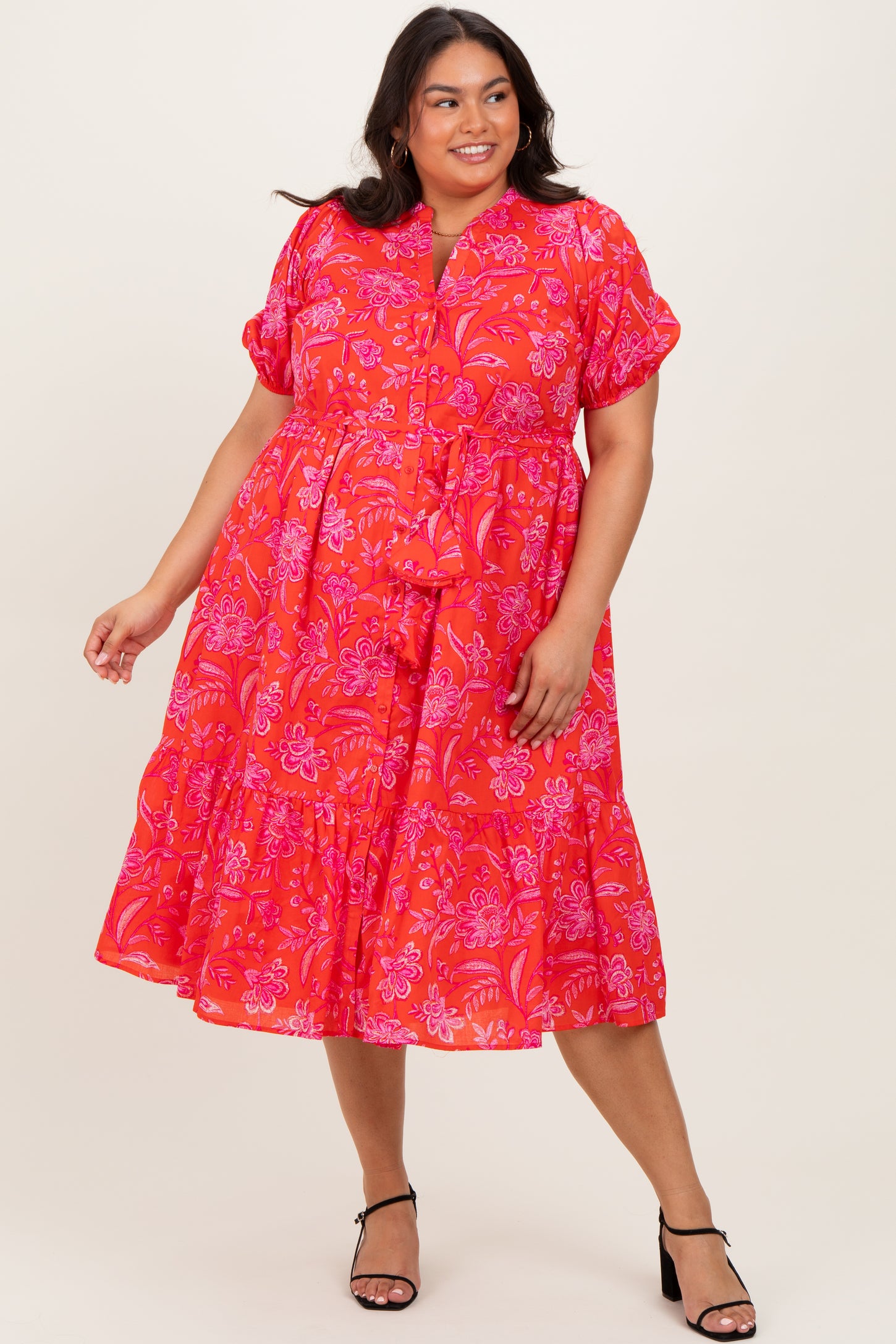Red Floral Button Down Maternity Plus Midi Shirt Dress
