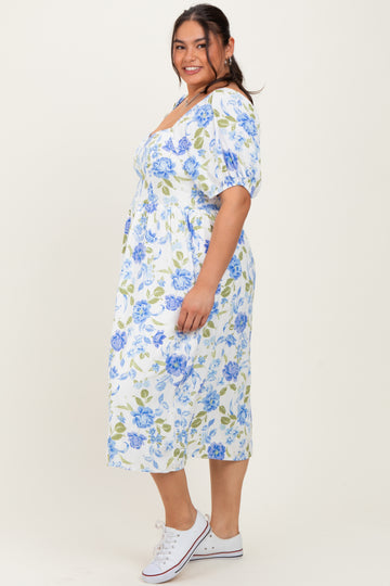 Blue Floral Sweetheart Neckline Puff Sleeve Plus Midi Dress