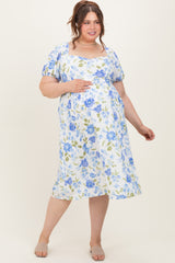 Blue Floral Sweetheart Neckline Puff Sleeve Maternity Plus Midi Dress