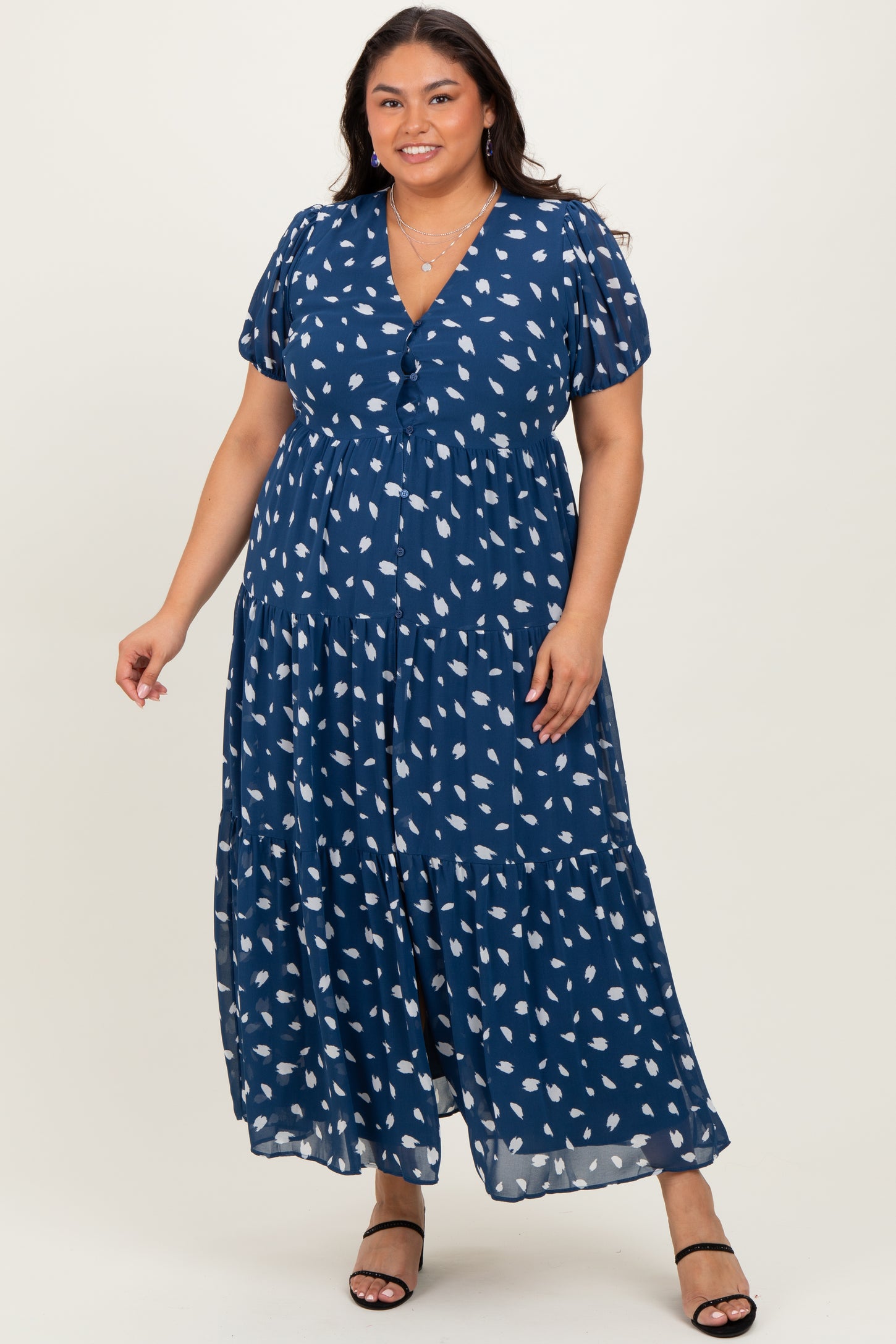 Navy Printed Button Down Tiered Maternity Plus Maxi Dress