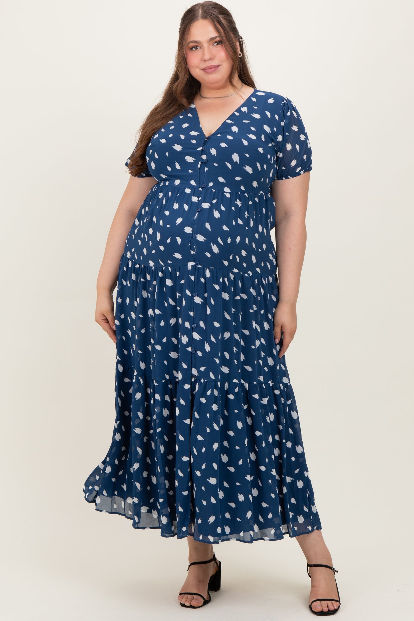 Navy Printed Button Down Tiered Maternity Plus Maxi Dress
