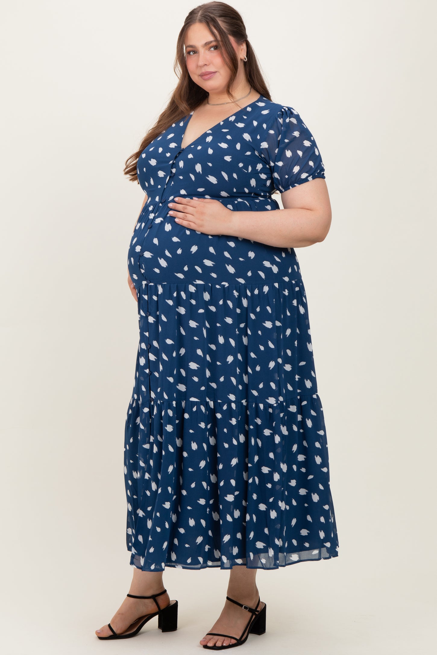 Navy Printed Button Down Tiered Maternity Plus Maxi Dress