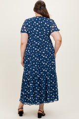 Navy Printed Button Down Tiered Maternity Plus Maxi Dress